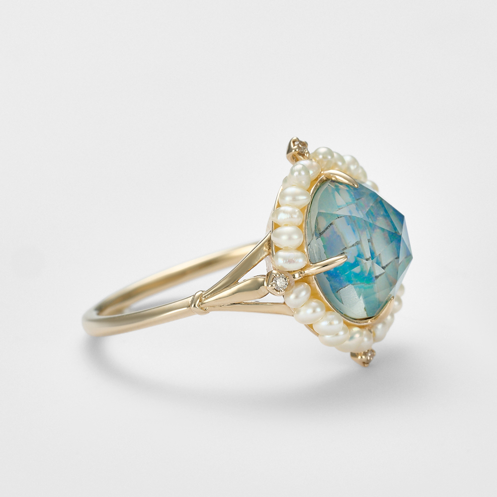 K10モザイクオパール／マルチストーン／淡水パールリング｜リング