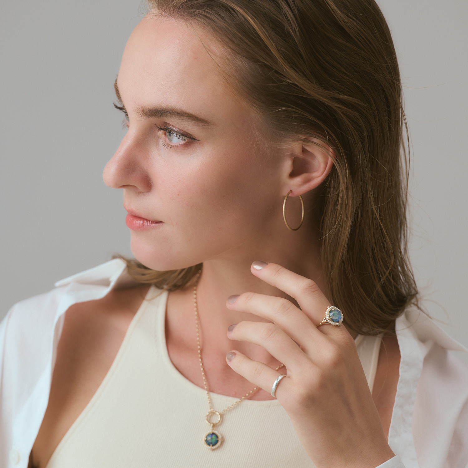 K10モザイクオパール／マルチストーン／淡水パールリング｜リング